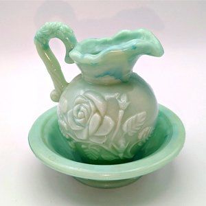 VTG Avon Green Rose Moonwind GREEN Jadeite Look Victorian PITCHER and BOWL Mint
